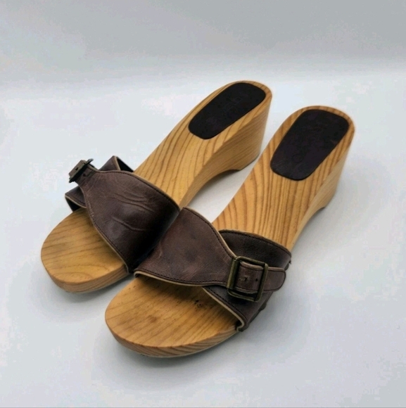 J. Crew Y2K 90s Brown Leather Wooden Open Toe Clogs Sandals Women’s Size 10 - Picture 1 of 8